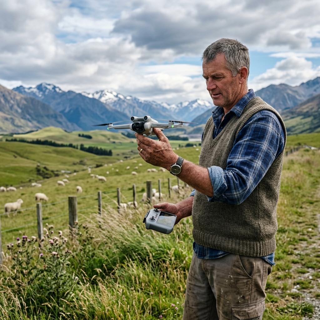 A farmer preparing a drone for a farm flight