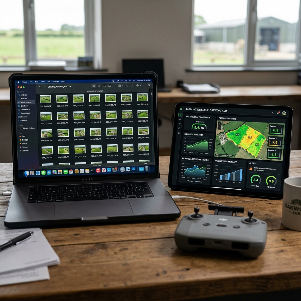 Laptop, tablet and drone controller showing farm imagery and pasture intelligence in a farm office