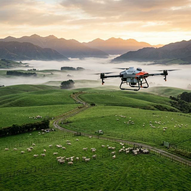 Drone flying above a working farm