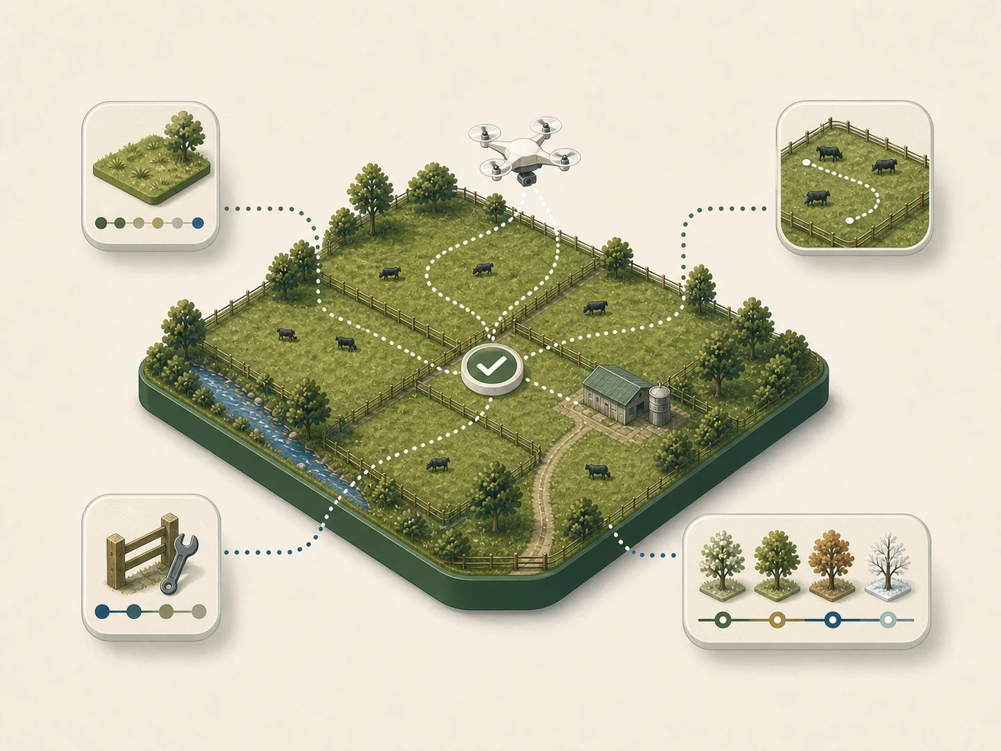 Illustrated farm tile connecting a drone flight with pasture condition, mob movement, repair work and farm history