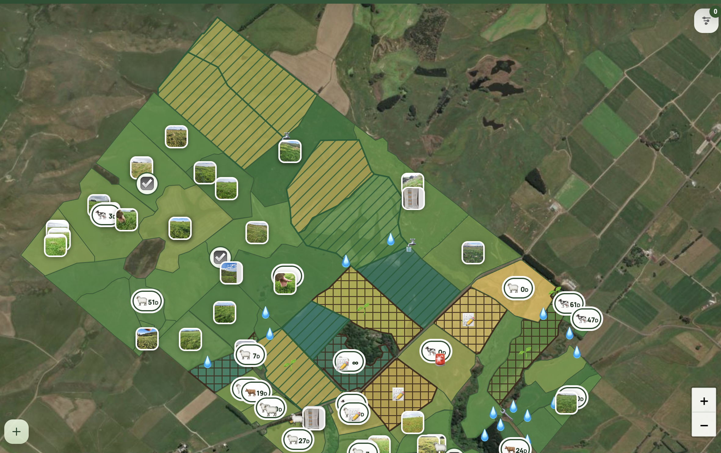 AgRhythm farm map showing paddocks, mobs, observations, assets and photo markers