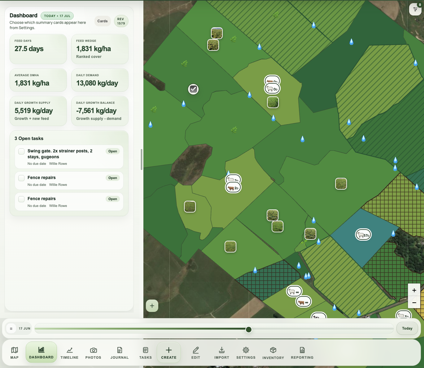AgRhythm dashboard and map bringing pasture, mobs and tasks together