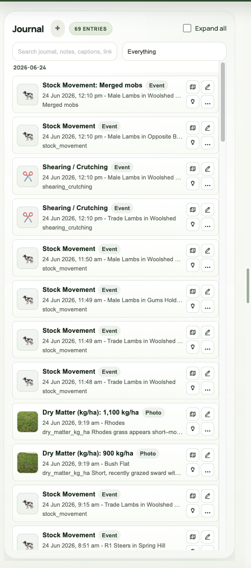 AgRhythm journal showing farm events, movements and pasture observations