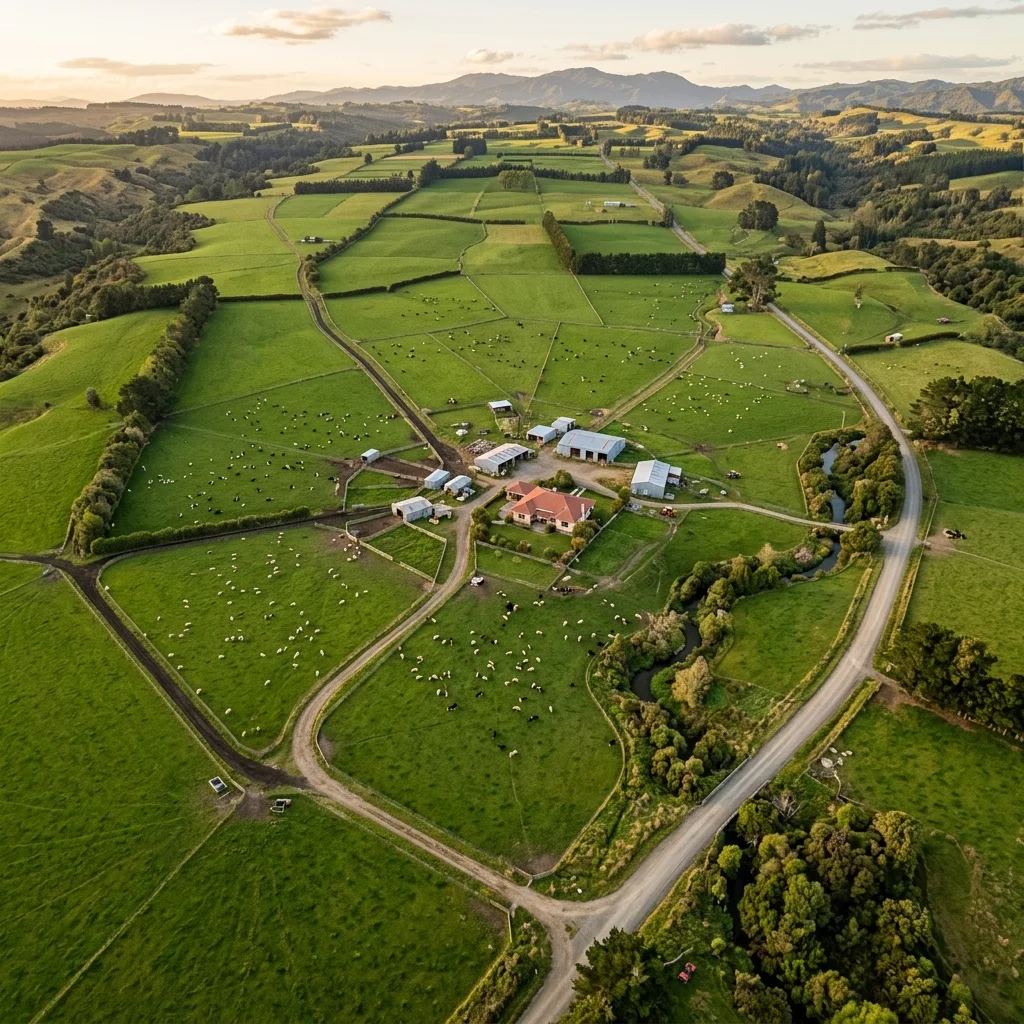 A pastoral New Zealand farm seen from above
