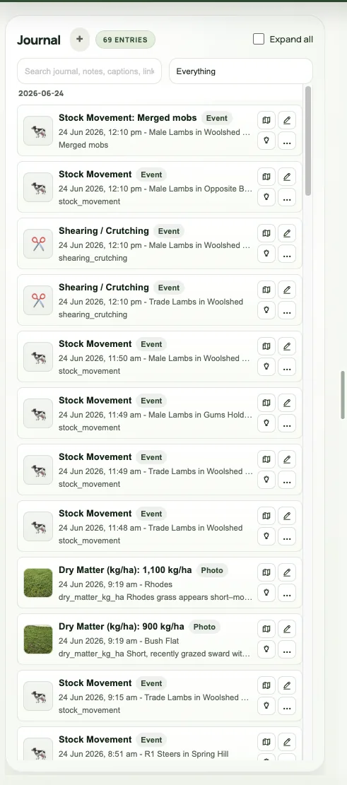 AgRhythm journal showing farm events, movements and pasture observations