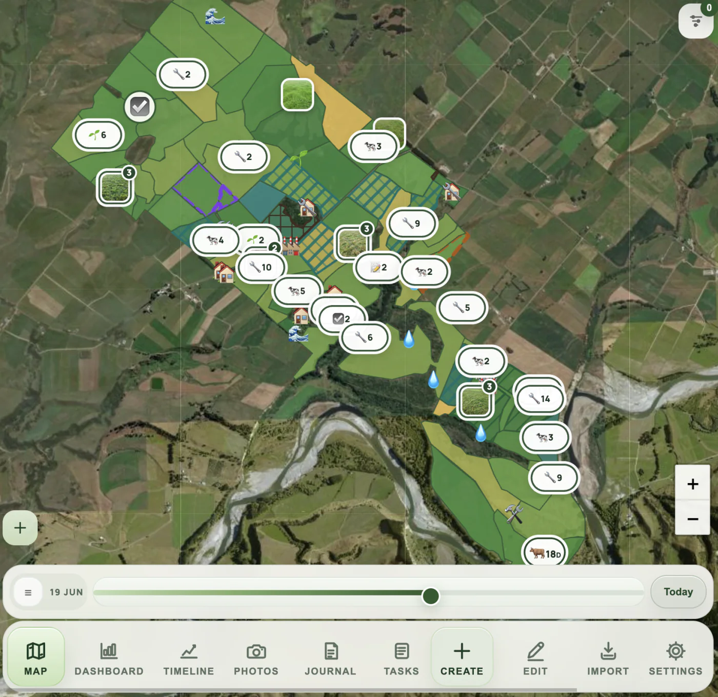 AgRhythm farm map connecting paddocks, mobs, tasks and field observations