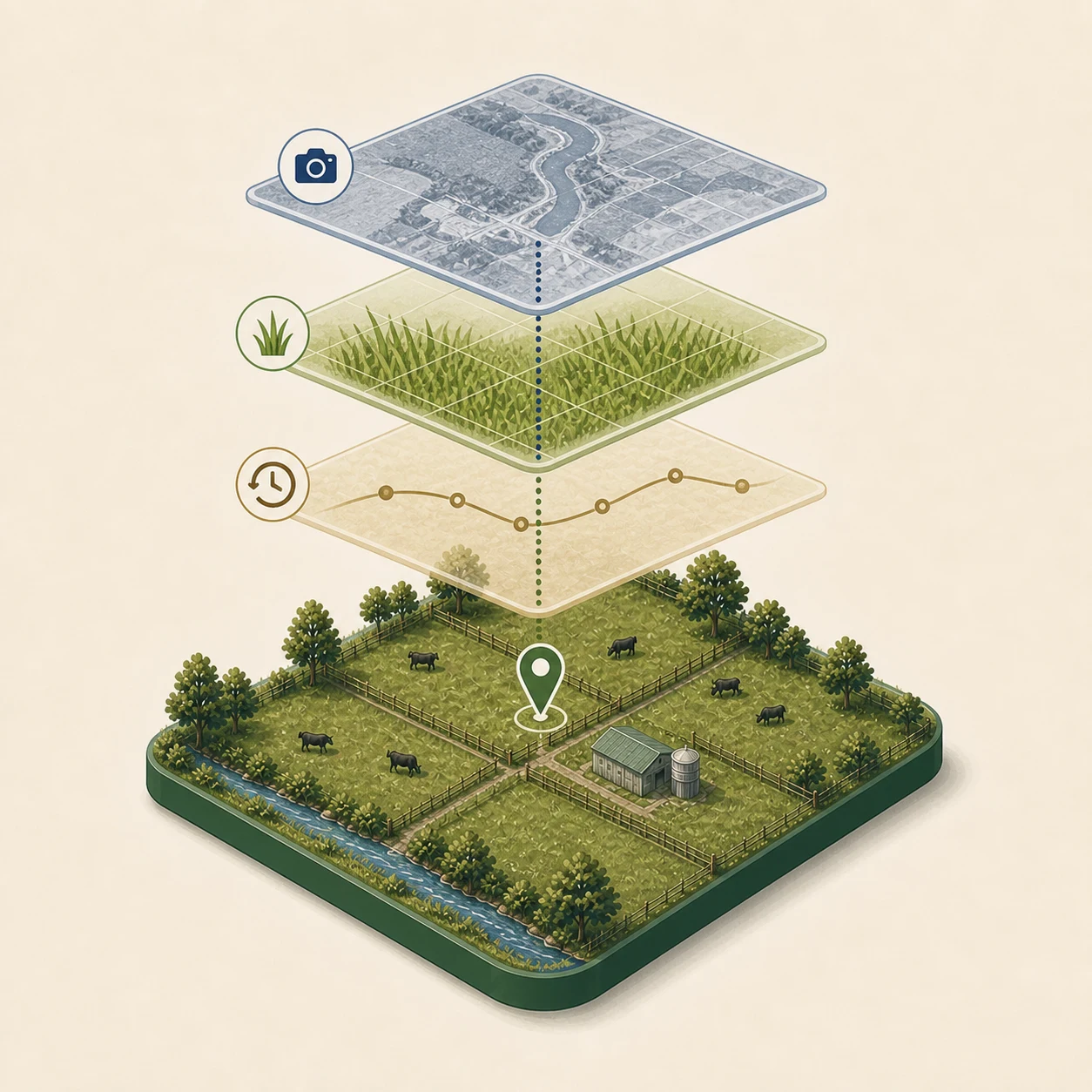 Farm imagery, pasture and history forming connected layers above one farm