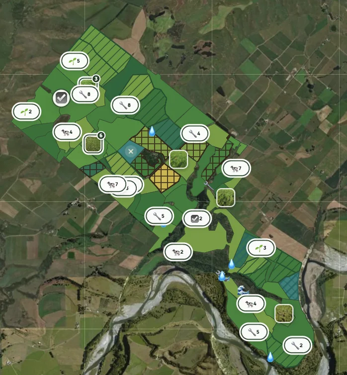 AgRhythm farm map showing paddocks, pasture information and farm observations