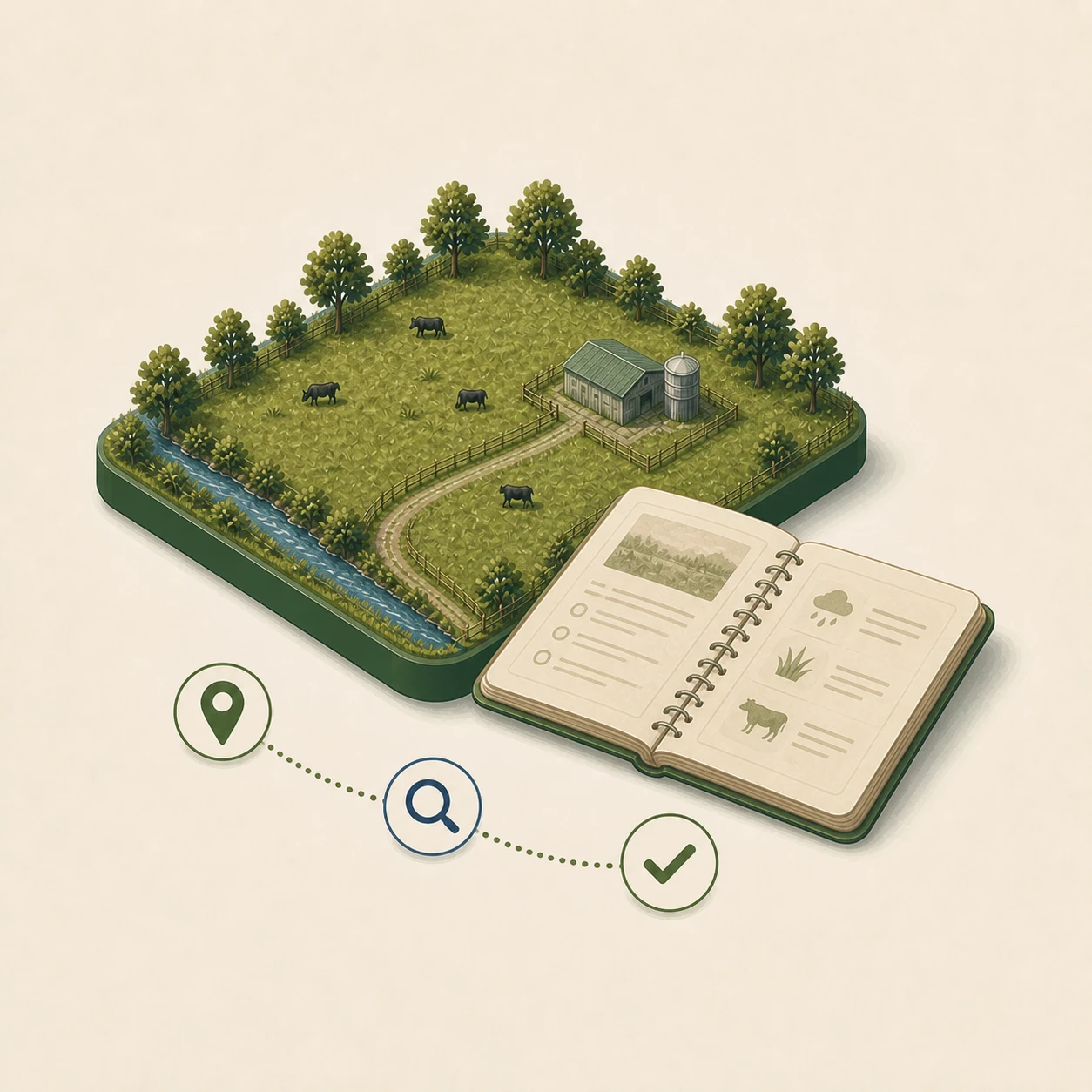 A field guide beside a compact farm map and practical support markers