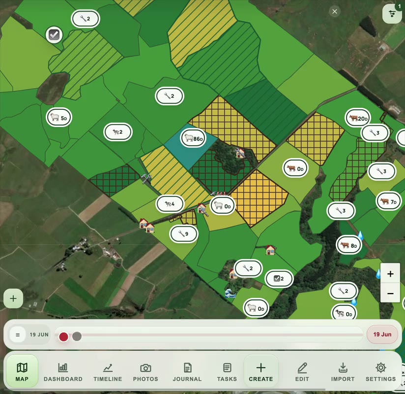 AgRhythm farm map showing paddocks, mobs, tasks and a date timeline