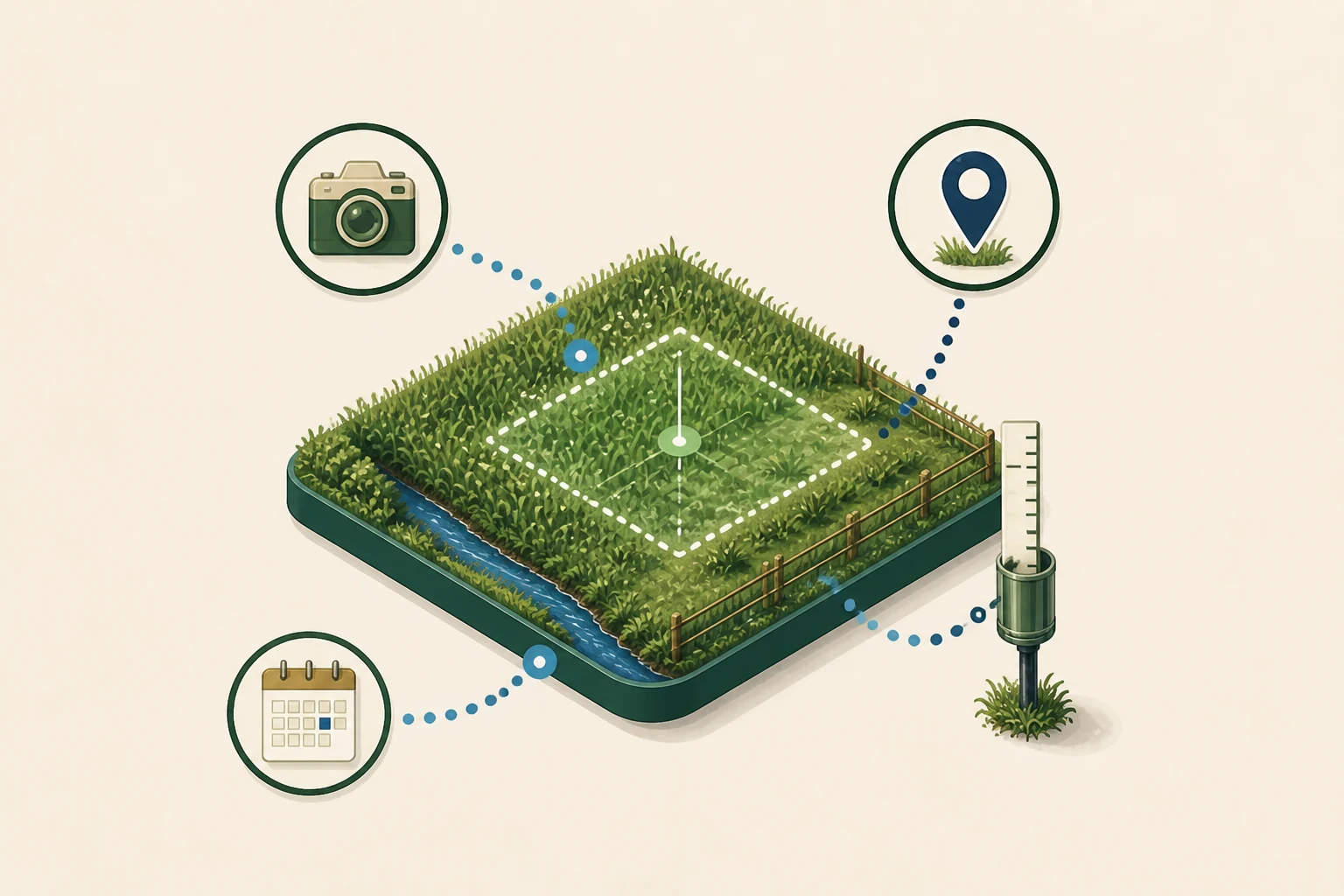 A pasture game tile connecting a reading, photo, location and date