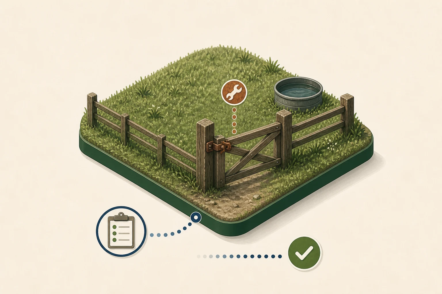A farm game tile showing a gate repair connected to a task and completion state