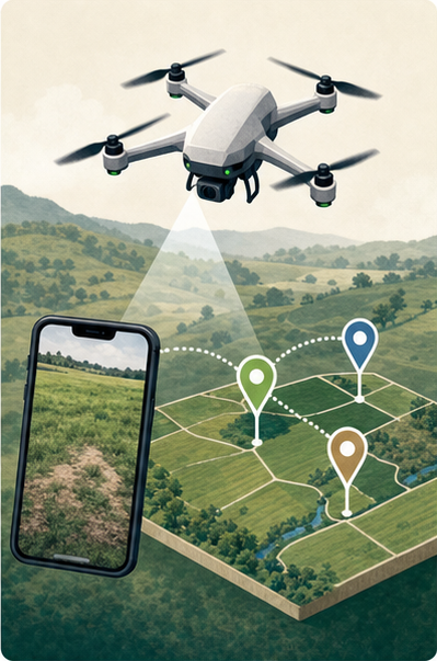 Illustrated drone and phone connecting field observations to a farm map