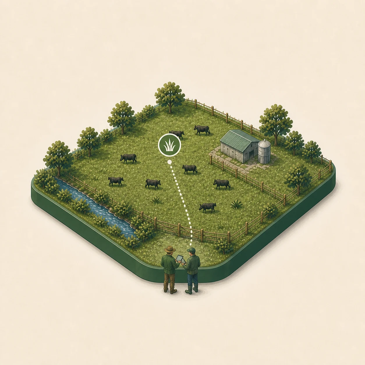 Two farmers reviewing a selected pasture area on a farm game board