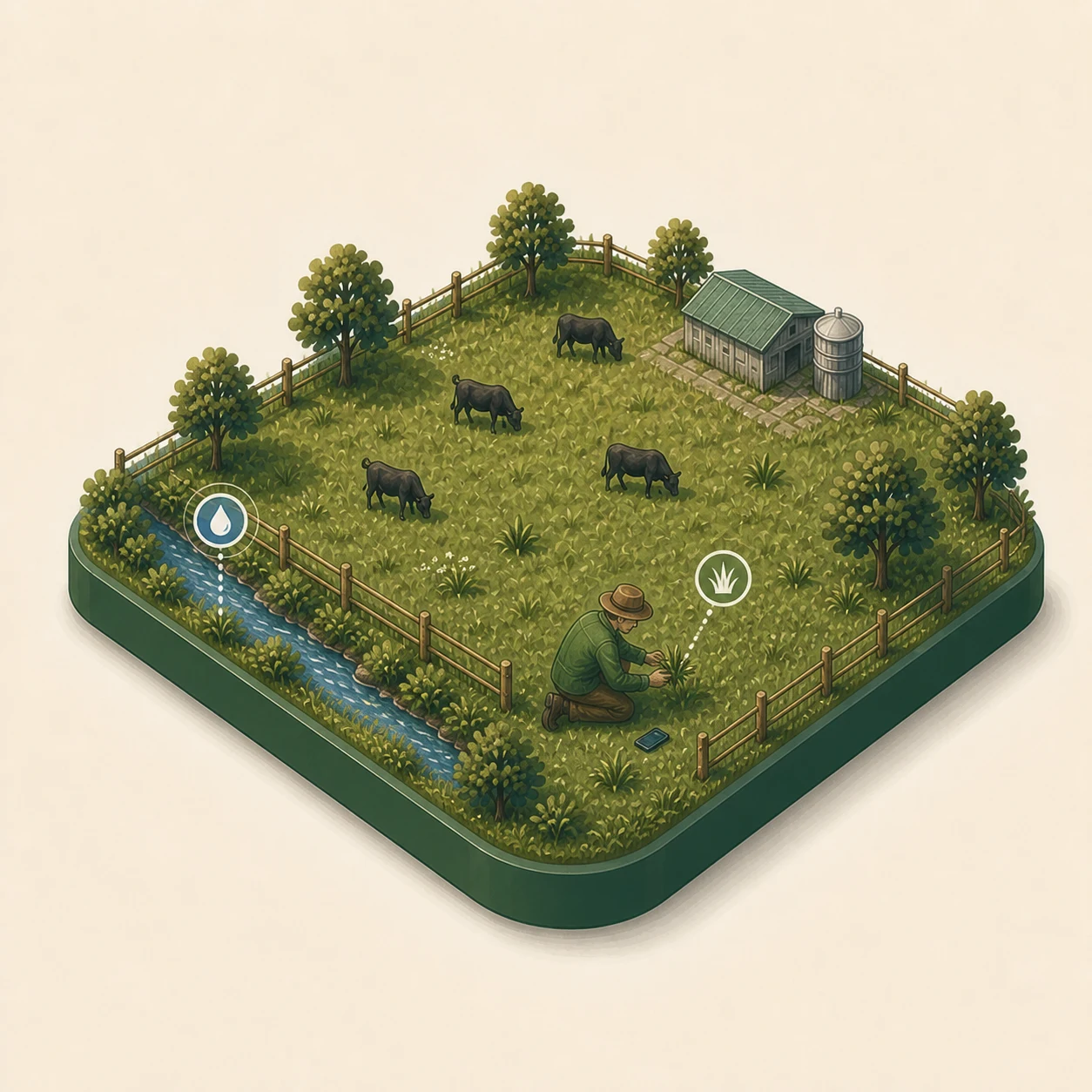 A farmer inspecting pasture closely beside cattle and a farm waterway